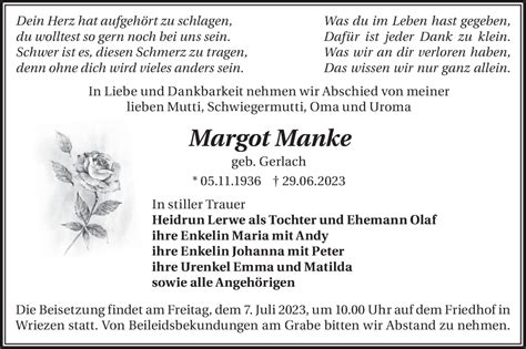 Traueranzeigen von Margot Manke Märkische Onlinezeitung Trauerportal