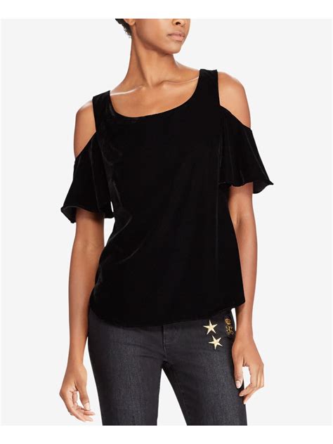 Ralph Lauren Womens Black Cold Shoulder Short Sleeve Square Neck Top L