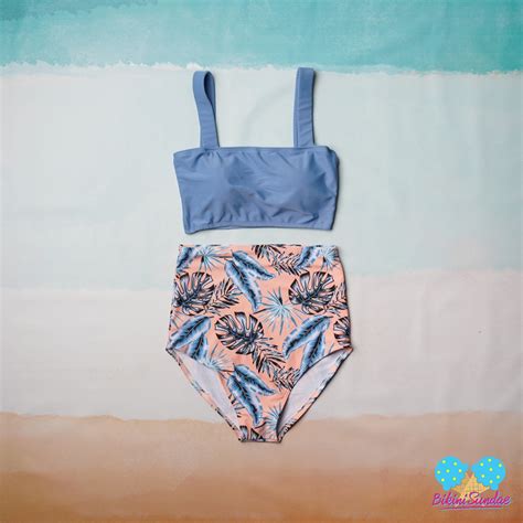 Jual Swimsuit Set Bikini Baju Renang Wanita High Waist Triangle Ocean Blue And Peach With Blue