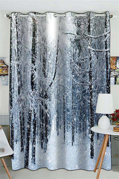 Phfzk Winter Landscape Window Curtain Snowy Trees Forest Scenery Black