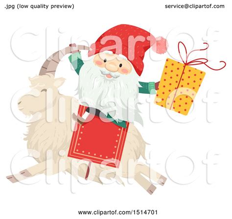 Clipart Of A Swedish Christmas Tomte Riding A Yule Goat Royalty Free Vector Illustration By