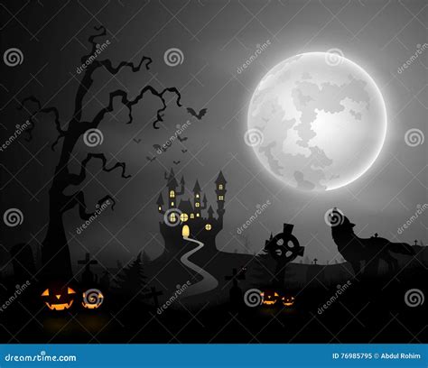 Halloween Night Background With Wolf Howling Pumpkins Castle And Full