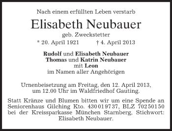 Traueranzeigen Von Elisabeth Neubauer Trauer Merkur De