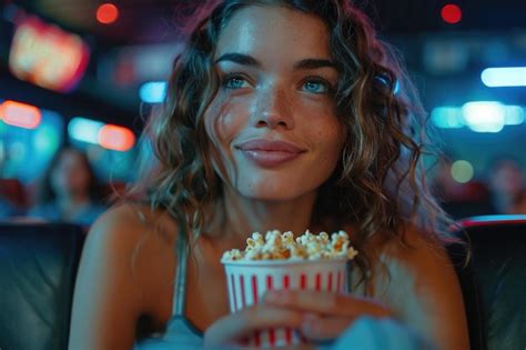 Mujer Viendo Una Pel Cula En El Cine Comiendo Palomitas De Ma Z Ai