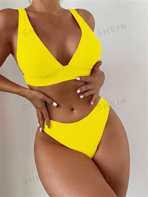 Plain Plunging Neck Bikini Swimsuit Shein Usa