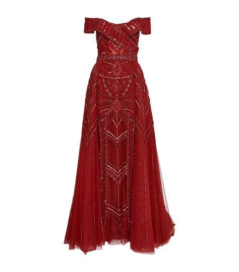 Zuhair Murad Red Embellished Off The Shoulder Gown Harrods Uk