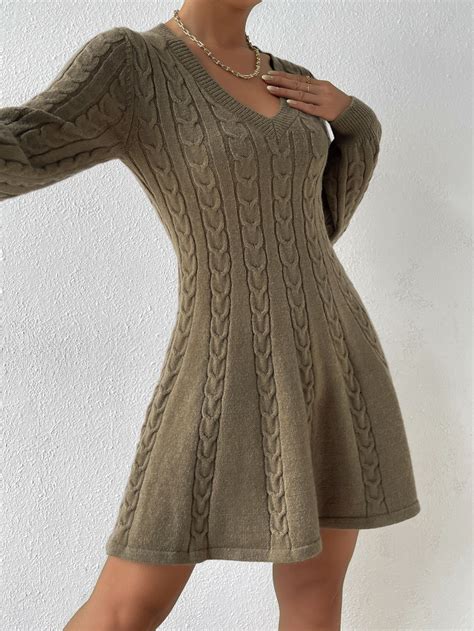 V Neck Cable Knit Sweater Dress Without Belt Cable Knit Sweater Dress