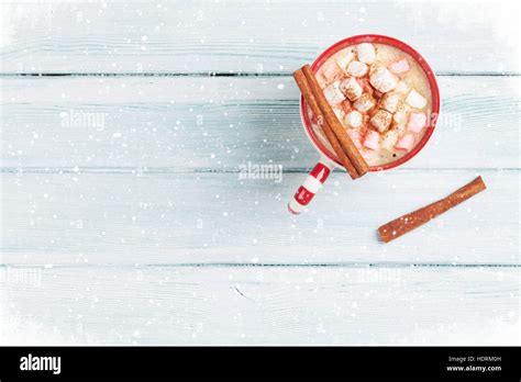 Hot Chocolate With Marshmallow On Wooden Table Top View With Copy Space Stock Photo Alamy