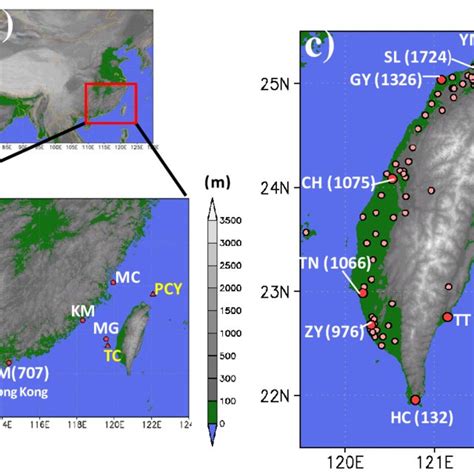 (a) Location of Taiwan and surrounding countries in East Asia. (b)... | Download Scientific Diagram