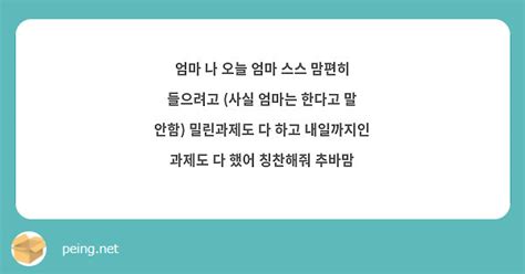 엄마 나 오늘 엄마 스스 맘편히 들으려고 사실 엄마는 한다고 말 안함 밀린과제도 다 하고 Peing 質問箱