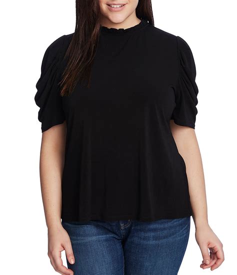 CeCe Plus Size Ruffle Mock Neck Short Shirred Sleeve Knit Top Dillard