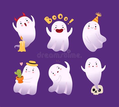 Set Of Cute Friendly Ghosts Funny Halloween Character In Different