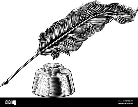 Quill Feather Ink Pen And Inkwell Vintage Woodcut Stock Vector Image