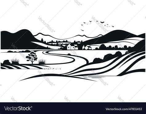 Landscape with trees and hills black and white Vector Image