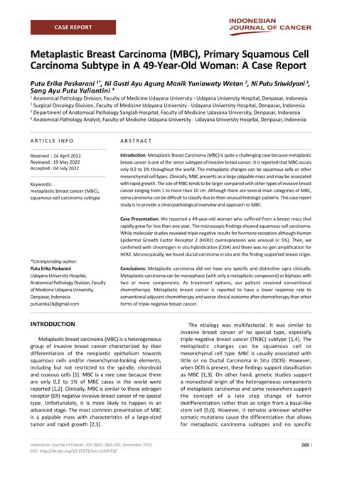 Pdf Metaplastic Breast Carcinoma Mbc Primary Squamous Cell