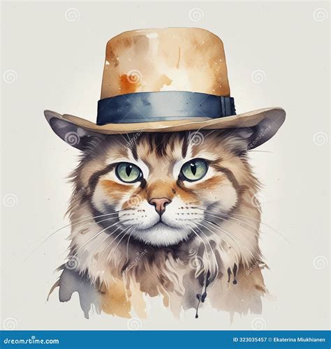 A Cat Wearing a Nice Brown Hat Watercolor Painting Stock Illustration - Illustration of banner ...