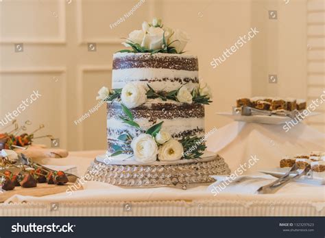 White Two Tier Naked Wedding Cake Stock Photo 1323297623 Shutterstock
