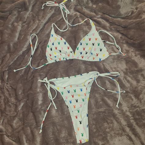 White And Multi Coloured Playboy Bunny Bikini Set Depop