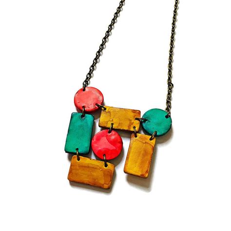 Colorful Clay Pendant Necklace Painted Statement Bib Mint Yellow