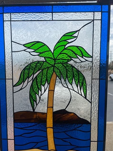 Palm Tree Stained Glass Window Panel Hangings Coastal Beach Coconut Leaded Stained Glass Palm