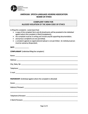 Fillable Online Asha Complaint Form For Alleged Violation Of The ASHA