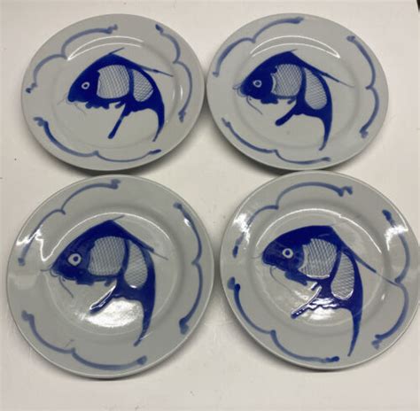 Vintage Chinese Blue White Koi Fish Salad Plates