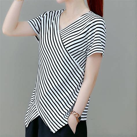 Buy Fashion Casual Women Short Sleeve Irregular Shirt V Neck Stripe