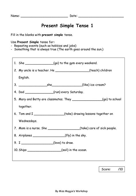 Present Simple Tense Grammar Worksheets Grade 1 And Up Esl Ell Efl Esol Tenses Grammar