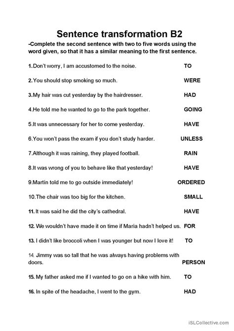 Sentence Transformation B English Esl Worksheets Pdf Doc