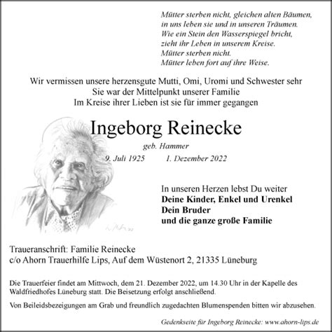 Traueranzeigen von Ingeborg Reinecke Trauer Lüneburg de