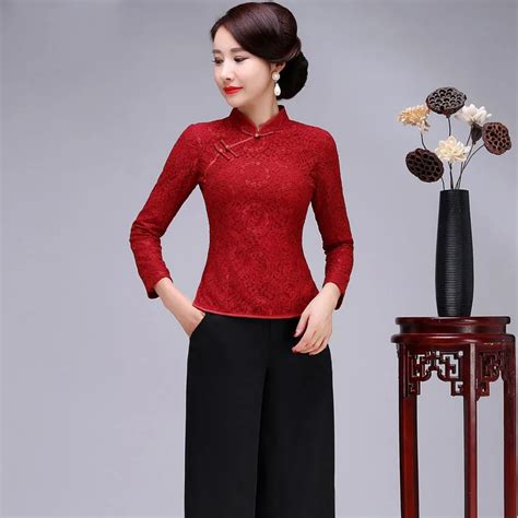 Plus Size S Xl Chinese Women New Red Lace Shirt Slim Mandarin Collar