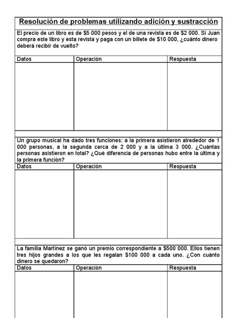 Resolución De Problemas Utilizando Adición Y Sustracción
