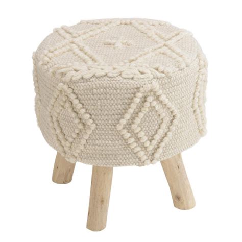 Tabouret Rond X Cm Laine Motifs Losanges Ivoire Pieds Bois Sacha