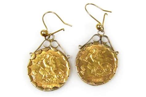 Two George V Gold Half Sovereign Earrings In 9ct Mounts Marked 1911