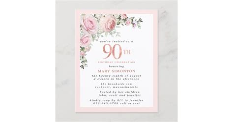 Budget Pink Floral 90th Birthday Invitation Zazzle