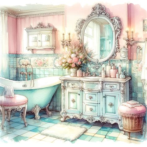 Watercolor Shabby Chic Bathroom Clipart French Bathroom Vintage Clip ...