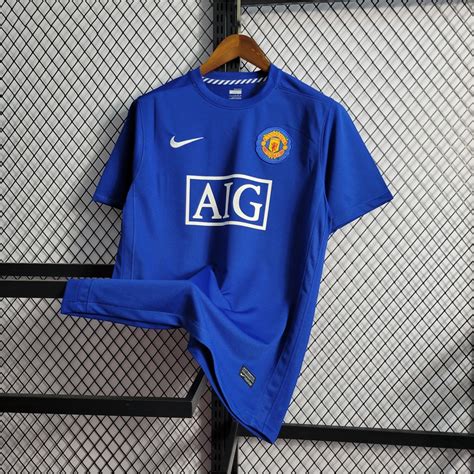 07 08 Retro Manchester United Away Clássico Azul M U Camisa De Futebol