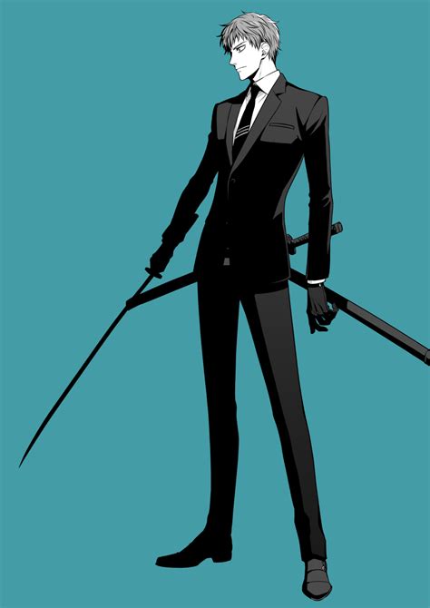 Safebooru 1boy Black Gloves Black Necktie Black Pants Black Suit Blue Background Collared