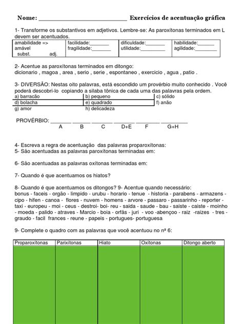 Exercícios De Acentuação Gráfica - Exercícios de Acentuação Gráfica | PDF | Artes Linguísticas e Disciplina