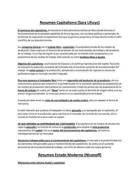 Primer Parcial Icse Resumen Capitalismo Sara Lifszyc El Comienzo Del Capitalismo Al