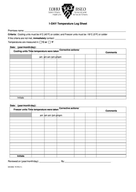 Day Temperature Log Sheet Cooling Units And Freezers Printable Pdf