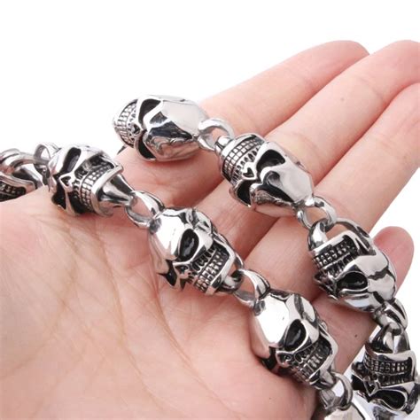 30 Inch Huge Silver Black 316l Stainless Steel Pirate Skull Necklace Mens Biker Link Chain Cool