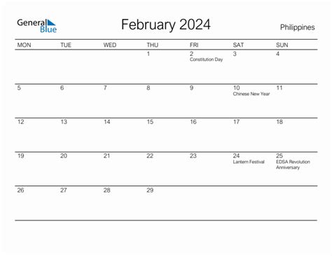 Printable February 2024 Monthly Calendar with Holidays for Philippines