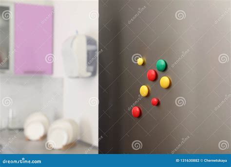 Many Colorful Magnets on Refrigerator Door Stock Photo - Image of memo ...