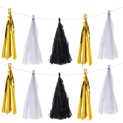 Uxcell 15pcs Blackwhitegold Tassel Garland Banner W Rope For Wedding Birthday Party Decoration