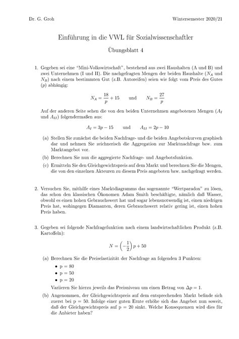 Übungszettel 4 mit Lösung der Aufgaben Dr G Groh Wintersemester