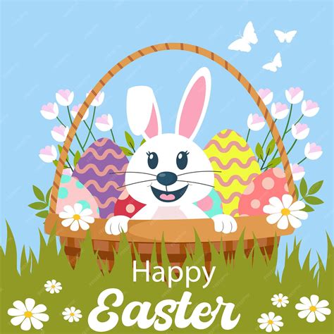 Premium Vector Happy Easter Bunnies Design Cute Easter Bunny In Egg Basket Easter Concept For