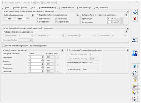 Formularz Danych Pracownika Zak Adka Ubezpieczenie Etat Baza