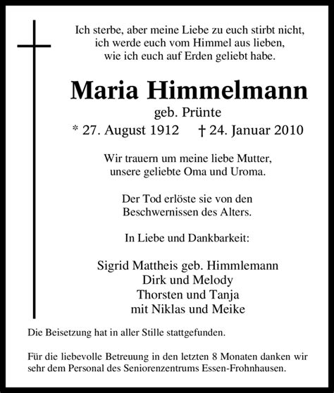 Traueranzeigen Von Maria Himmelmann Trauer In NRW De