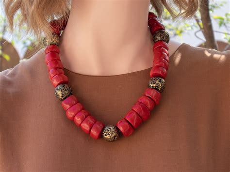 Large Coral Bead Necklace Single Strand Red Beaded Chunky Necklace